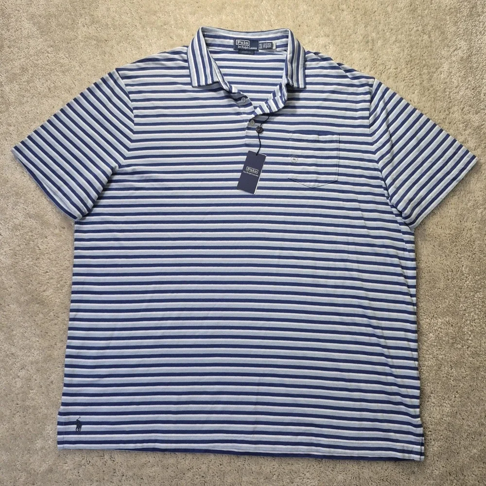 Polo Ralph Lauren Classic Fit Cotton Linen Polo Shirt Mens 2XL Blue Stripe New